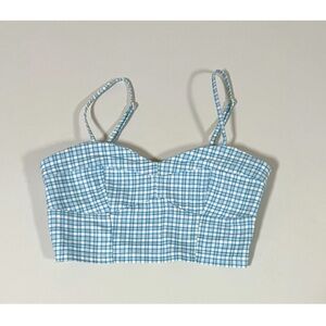 Blue Checkered Plaid Gingham Print Tank Crop Top Shirt Cami Blouse Size S 🩵